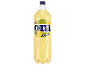 Rumena steklenica gazirane pijače z eksotičnim sadjem: ananasom, pasijonko, banano in limono.