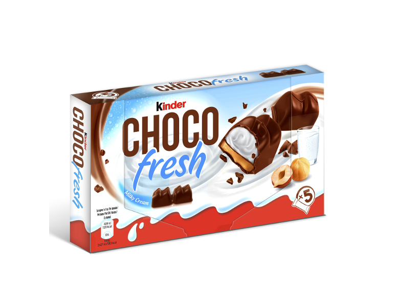 Škatla čokoladnih pralin z mlečno kremo in lešnikovim nadevom, z napisom „CHOCO fresh“.