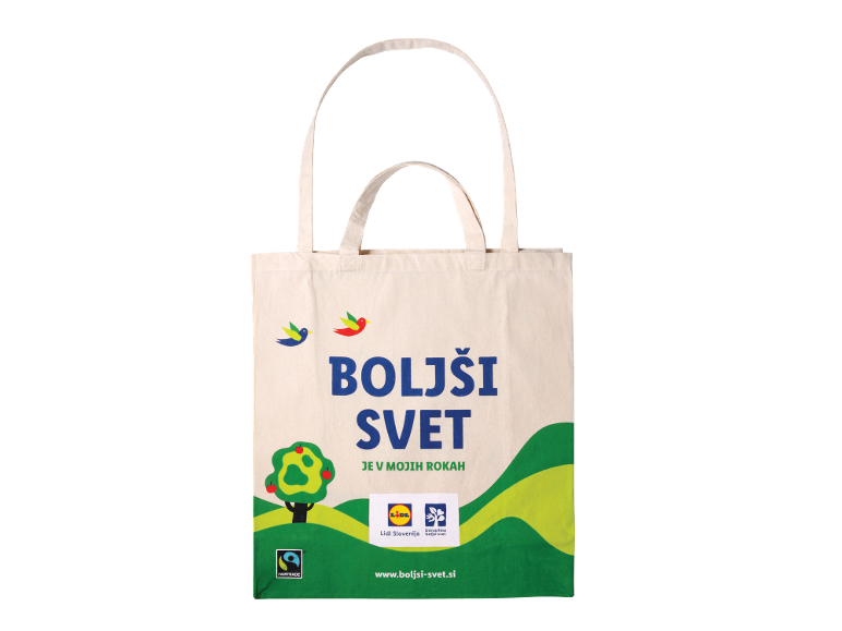 Platnena torba z napisom „Boljši svet je v mojih rokah“, drevesom in pticami.