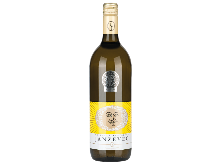 Steklenica belega vina s svetlo rumeno etiketo z nasmejanim soncem.