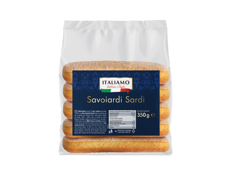 Paket savoiardi piškotov s sladkorjem, z modro etiketo in hranilnimi informacijami.