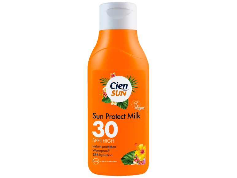 Mleko za zaščito pred soncem SPF 30 z UVA in UVB zaščito, vodoodporno in 24-urno hidracijo.