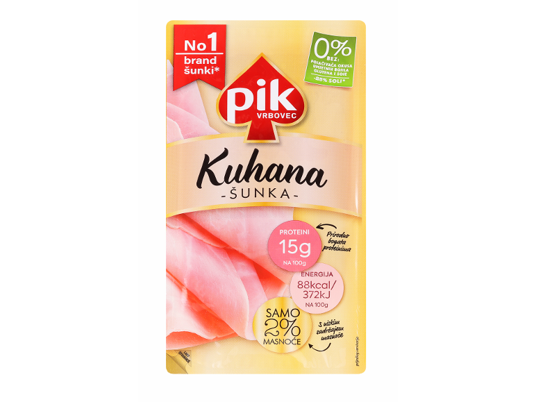 Pakiranje kuhane šunke s 15g beljakovin in le 2% maščobe na 100g.