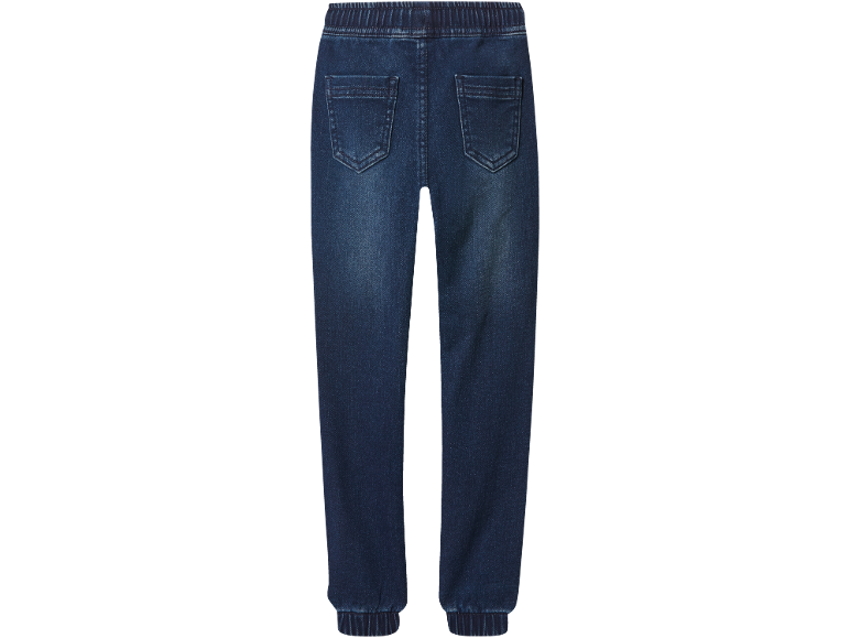 Temno modre jeans jogger hlače z elastičnim pasom in manšetami, zadnji žepi.
