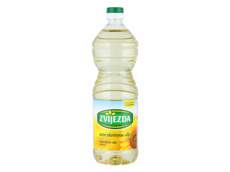 Steklenica sončničnega olja z rumeno-zeleno etiketo, na kateri piše „bogato z vitaminom E“.