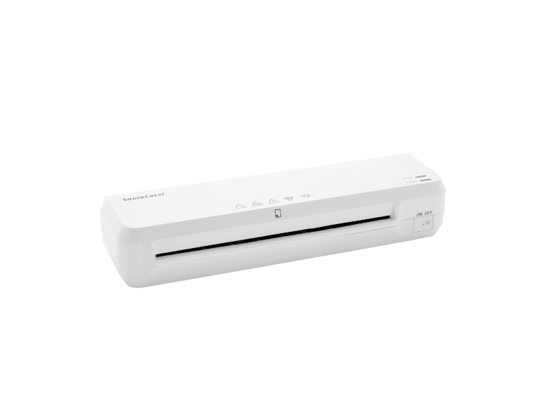 Beli laminator z gumbom za vklop/izklop in indikatorskimi lučkami