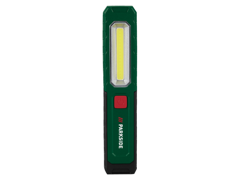 Zelena LED delovna svetilka z rdečim gumbom za vklop.