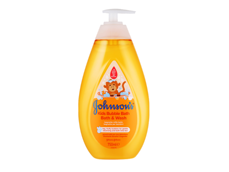 Rumena otroška kopel in gel za umivanje z dozirnikom, z opico in napisom „no more tears“.