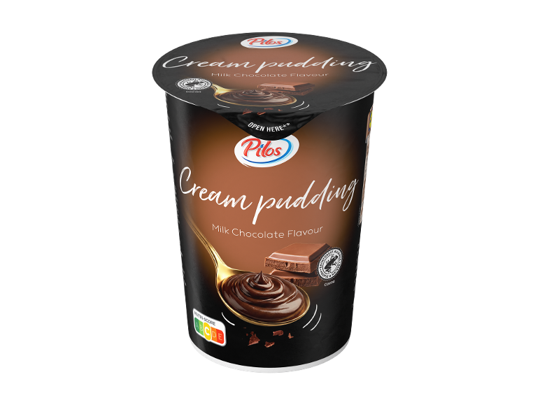 Čokoladni kremni puding z Nutri-Score A-E in certifikatom Rainforest Alliance.