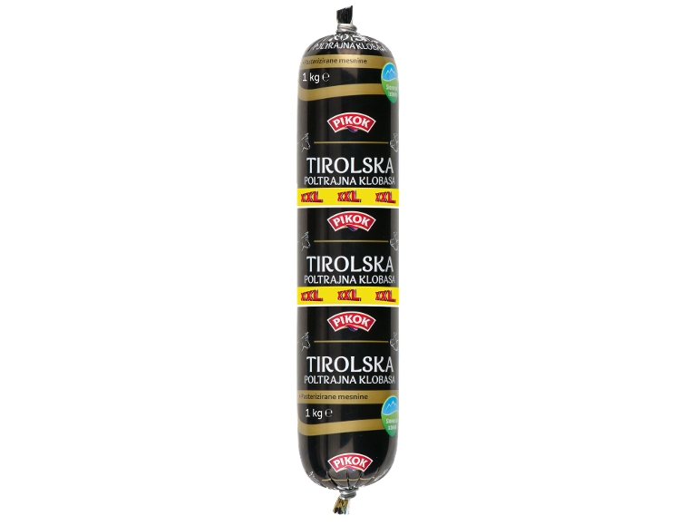 Tirolska klobasa v črni embalaži, 1 kg, z napisom »XXL«.