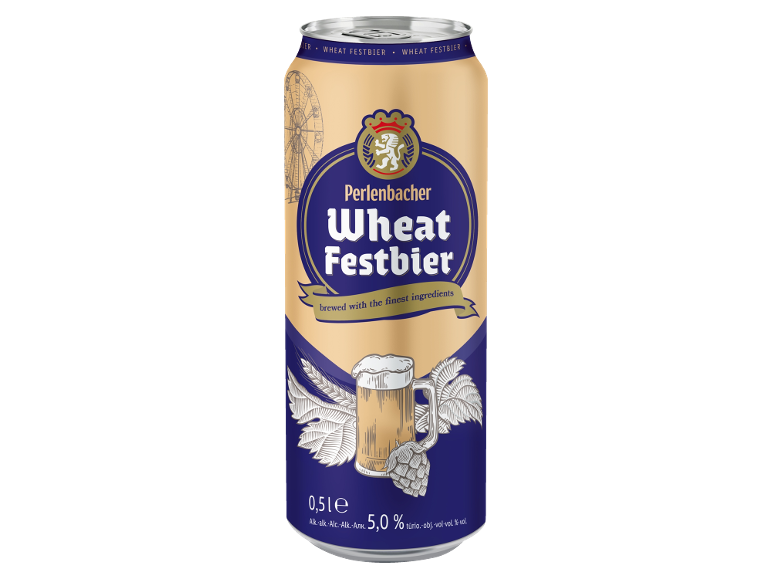 Pločevinka pšeničnega piva Festbier z motivom panoramskega kolesa, vrča za pivo in hmelja.
