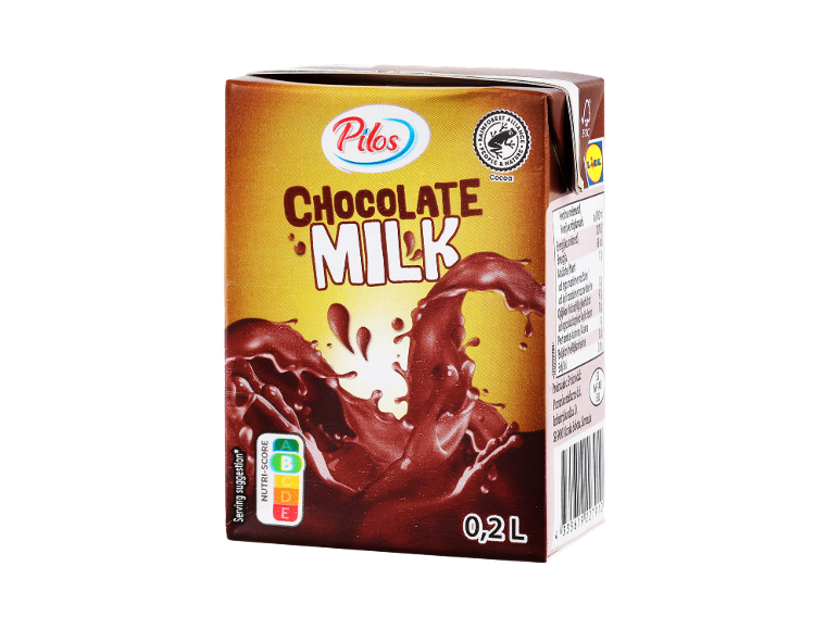 Karton čokoladnega mleka z oznako Nutri-Score in prostornino 0,2 L.