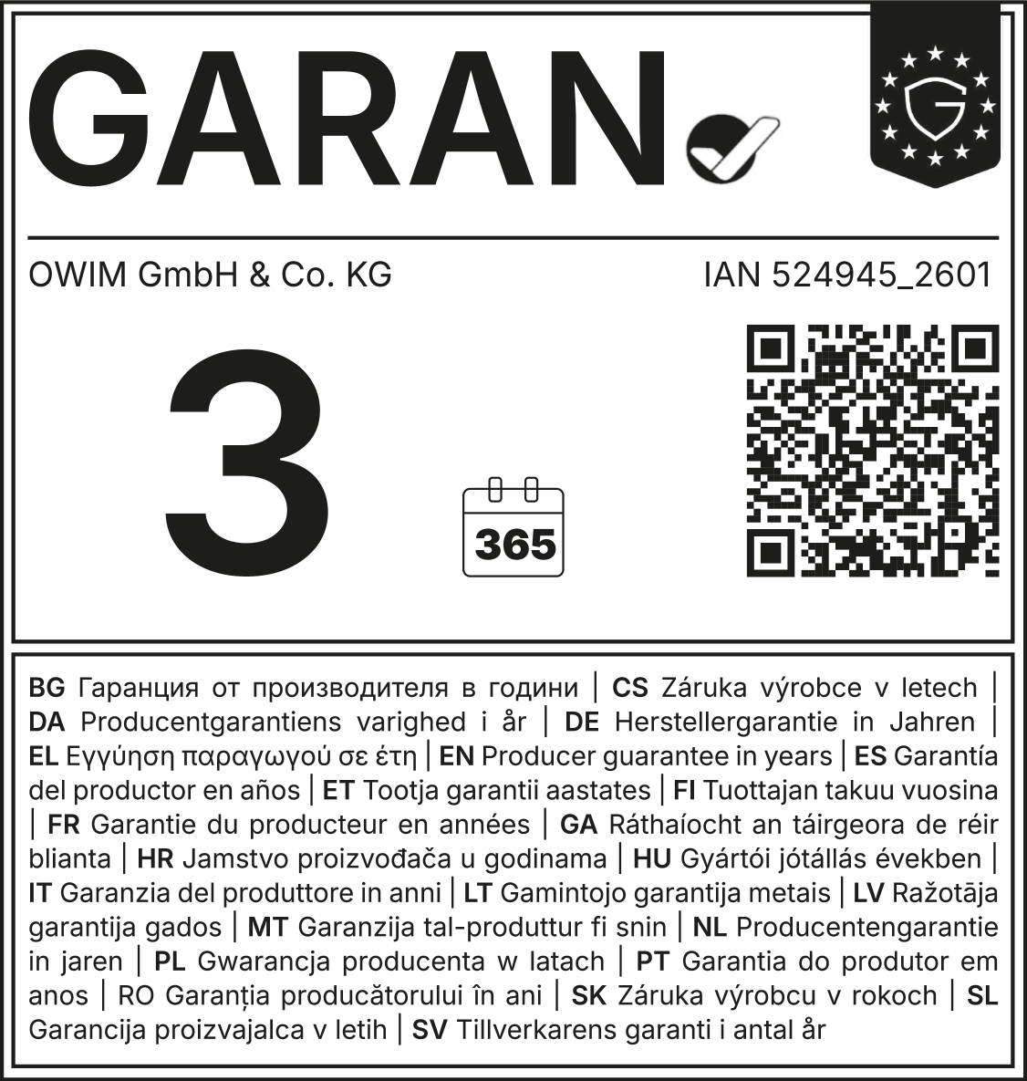 Garancija proizvajalca: 3 leta (365 dni). IAN 524945_2601.
