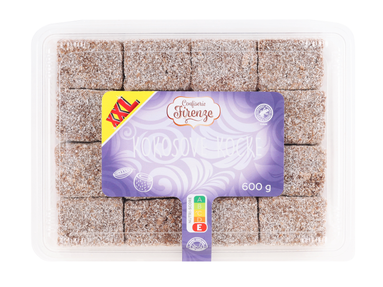 Kokosove kocke, 600 g, z oznako XXL in Nutri-Score.