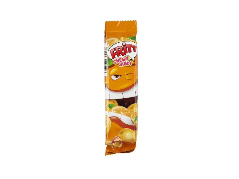 Pomarančni žvečilni bonbon z nasmejanim risanim likom in svežimi pomarančami.