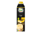 Bananin sok v črni embalaži z rumenim zamaškom in slikami banan.