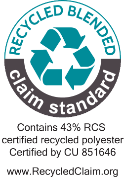 Pečat 'Recycled Blended Claim Standard': Vsebuje 43% RCS certificiranega recikliranega poliestra, certificirano s strani CU 851646.