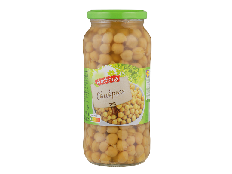 Kozarec čičerike z etiketo „Chickpeas“ in oceno Nutri-Score A.