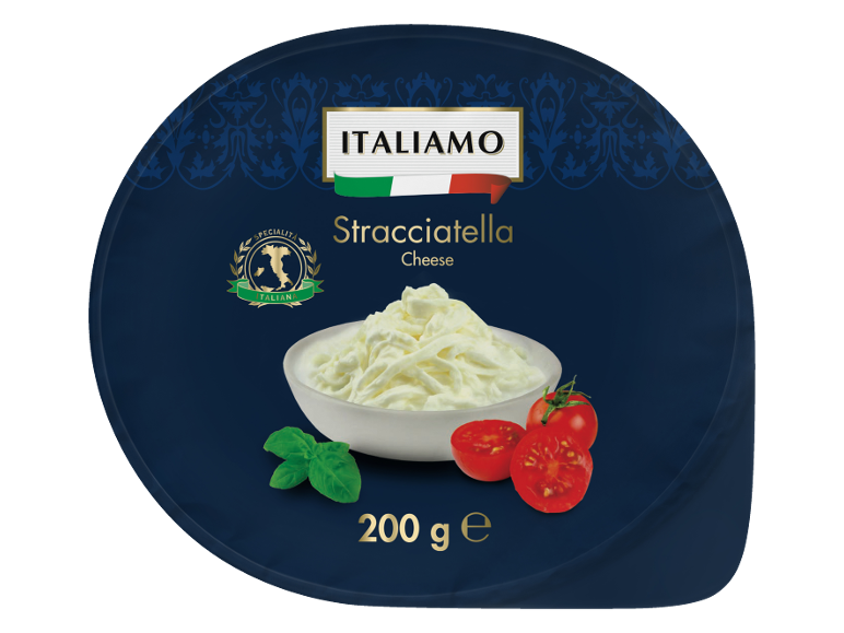 Okrogla embalaža stracciatella sira s paradižnikom, baziliko in besedilom „200 g e“.