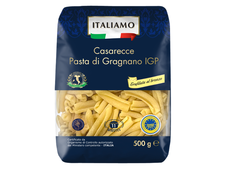 Paket testenin Casarecce Pasta di Gragnano IGP, z oznako 11 minut kuhanja in 500g.