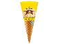 Vanilijev sladoledni kornet s čokoladnim prelivom in kroglicami, z napisom »VANILLA FLAVOUR«.