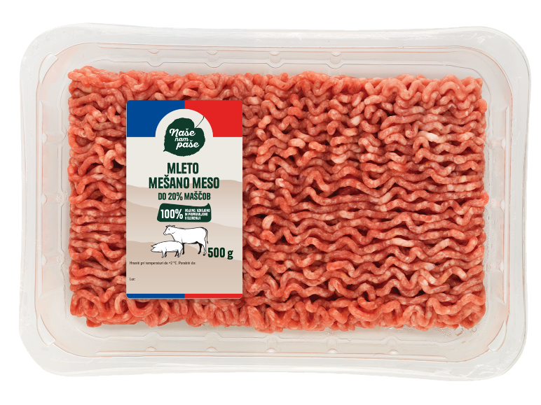 Pakiranje mletega mešanega mesa (do 20% maščob) 500g, 100% pridelano v Sloveniji.