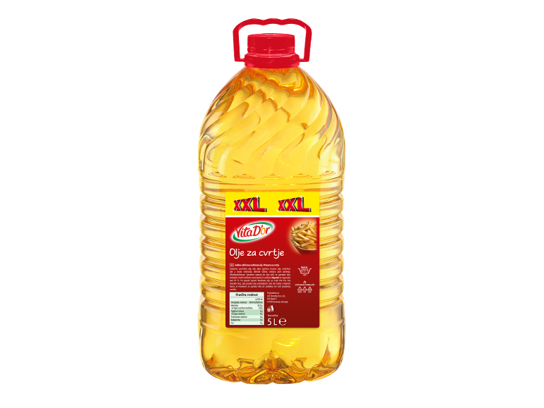 Sončnično olje za cvrtje v 5-litrski plastenki z rdečo etiketo.