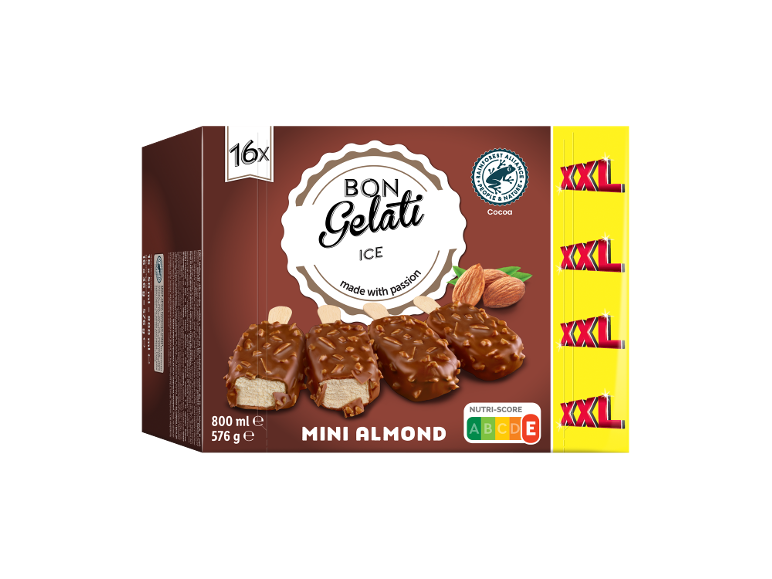 Škatla s 16 mini mandljevimi sladoledi na palčki, 800 ml, z Nutri-Score.