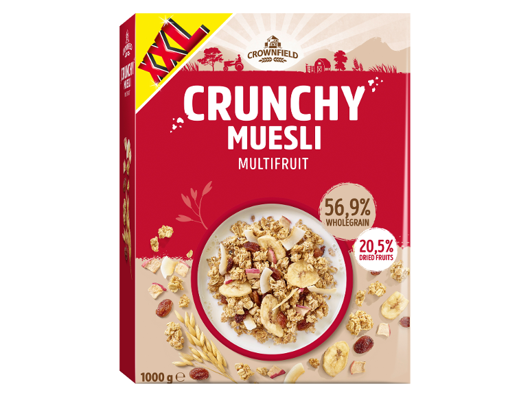 Škatla hrustljavega večsadnega müslija, 56,9% polnozrnatega, 20,5% suhega sadja, 1000 g.