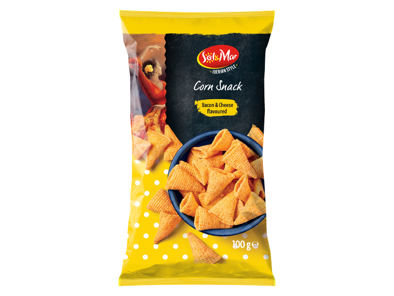 Vrečka koruznih prigrizkov z okusom slanine in sira, iberski stil, 100g.