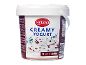 Milbona kremni stracciatella jogurt v beli posodi z oznako Rainforest Alliance za kakav.