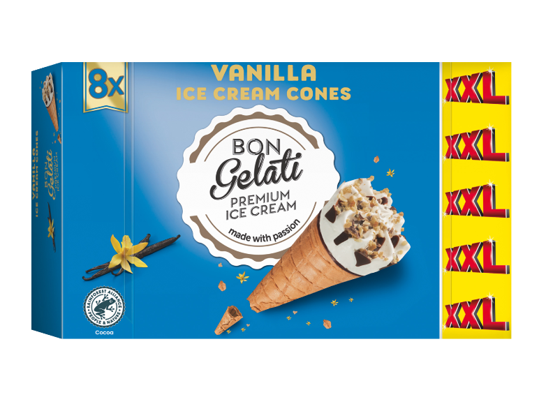 Vanilijevi sladoledni korneti, 8 kosov, z blagovno znamko Bon Gelati in certifikatom Rainforest Alliance.