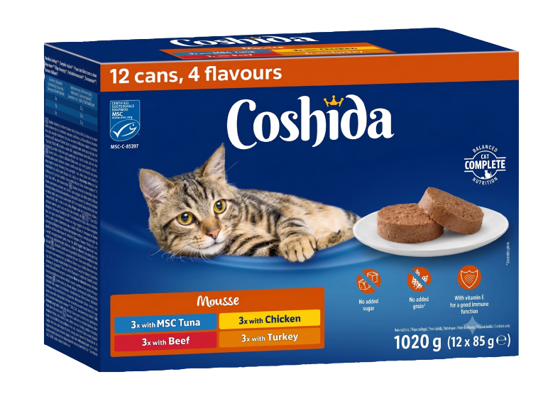 Multipack mačje hrane z 12 pločevinkami pene v 4 okusih: tuna, govedina, piščanec in puran.