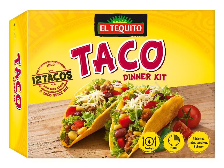 Taco večerni komplet z 12 blagimi tacosi, omako in mešanico začimb, za 4 porcije in hitro pripravo.