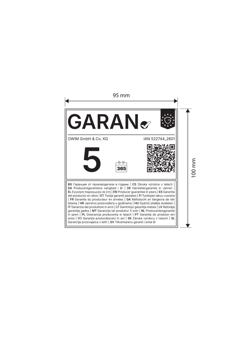 Garancija 5 let, 365 dni. Mere: 95 mm x 100 mm.