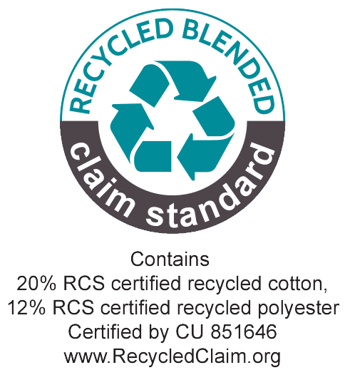 Pečat Recycled Blended Claim Standard: 20% recikliranega bombaža, 12% recikliranega poliestra. Certificirano s strani CU 851646.