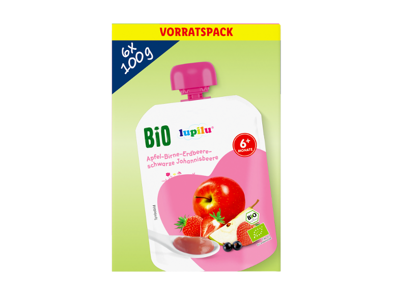 Bio sadna kašica jabolko-hruška-jagoda-črni ribez za dojenčke od 6 mesecev, 6x100g.