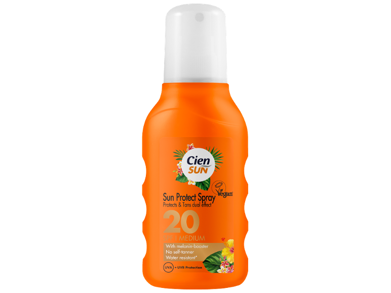 Sprej za zaščito pred soncem SPF 20 z dvojnim učinkom zaščite in porjavitve, vodoodporen.