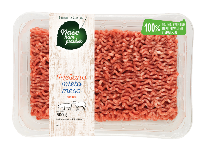 Pladenj 500g svežega mešanega mletega mesa, 100% slovenskega porekla.