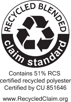 Pečat Recycled Blended Claim Standard: Vsebuje 51% RCS certificiranega recikliranega poliestra. Certificirano s strani CU 851646. www.RecycledClaim.org