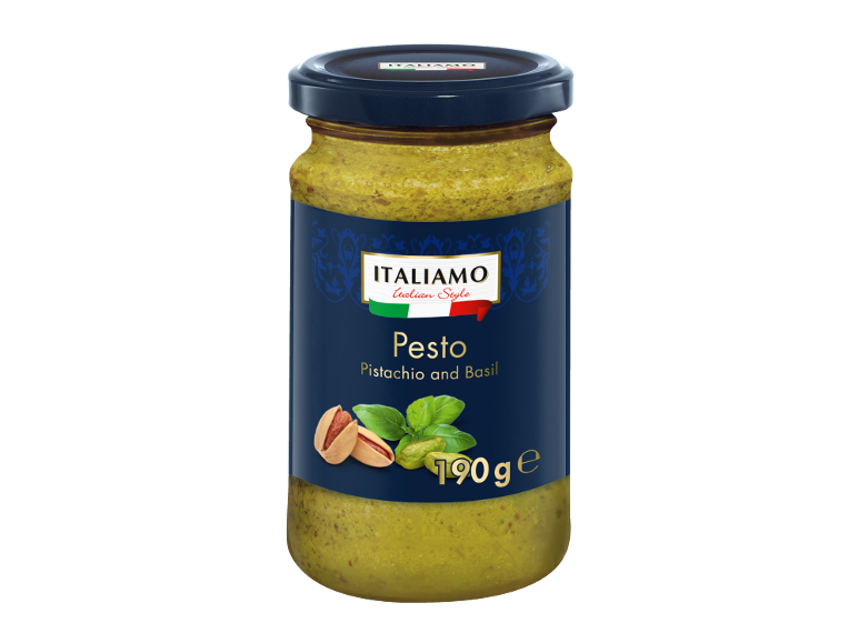 Kozarec pistacijevega in bazilikinega pesta z neto težo 190 g.