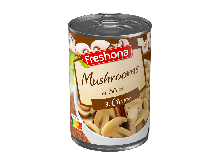 Konzerva narezanih gob z oznako Nutri-Score.
