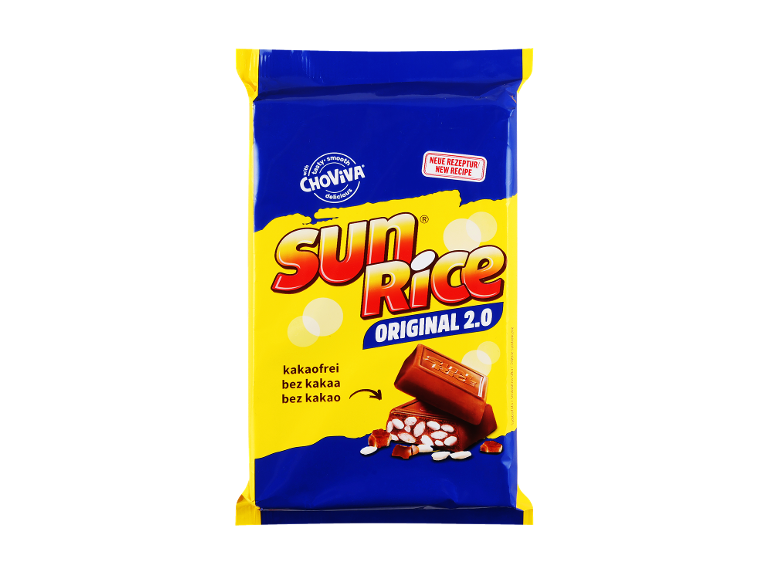 Pakiranje čokoladnih ploščic z riževimi kosmiči, nov recept, brez kakava.