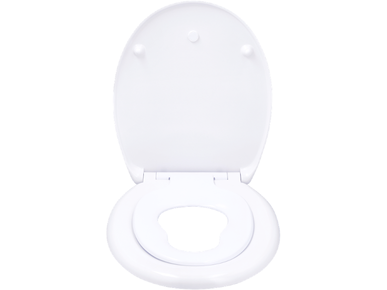 Bela WC deska z otroškim reduktorjem, odprta.