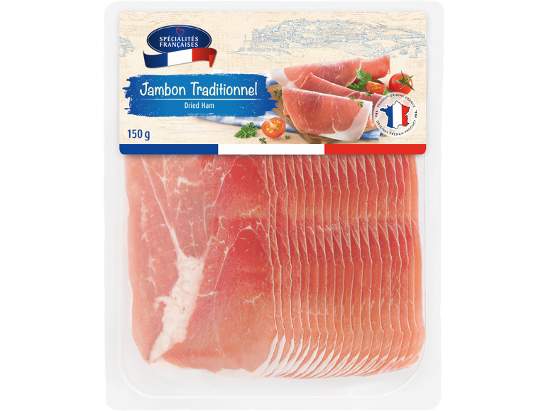 Pakiran tradicionalni sušeni pršut, 150 g, z ozadjem francoske pokrajine.