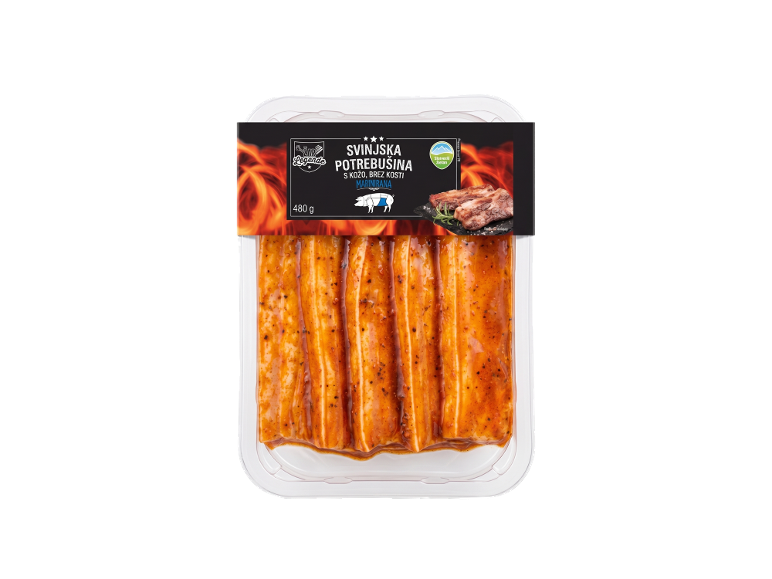 Marinirana svinjska potrebušina s kožo, brez kosti, 480 g.