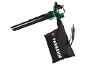 Zeleni in črni bencinski pihalnik listja s črno zbiralno vrečo.