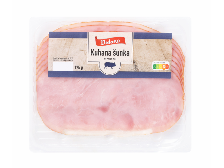 Pakirana dimljena kuhana šunka, 175 g, z Nutri-Score oznako.
