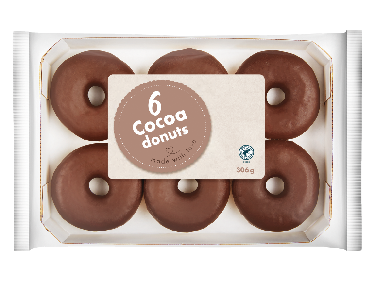 Škatla s 6 kakavovimi krofi, z napisom »6 Cocoa donuts made with love«.