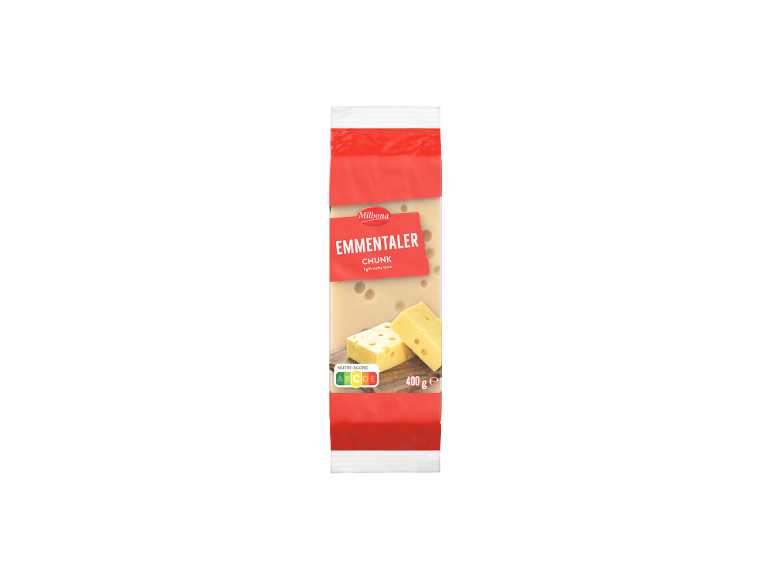 Pakiranje Emmental sira v kosu z Nutri-Score A in 400g.